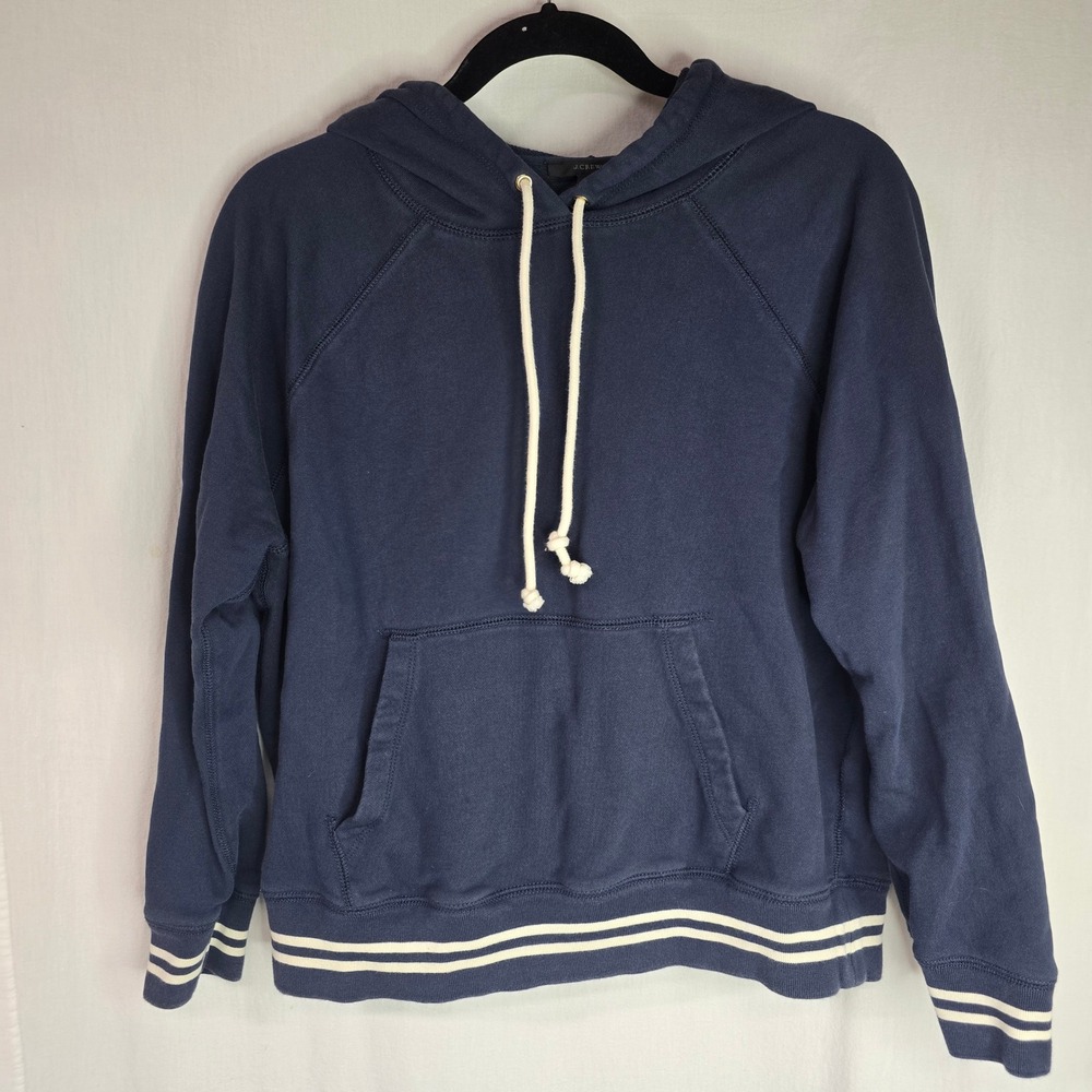 J.Crew Women's University Terry Hoodie with striped cuffs in Navy Blue Size S